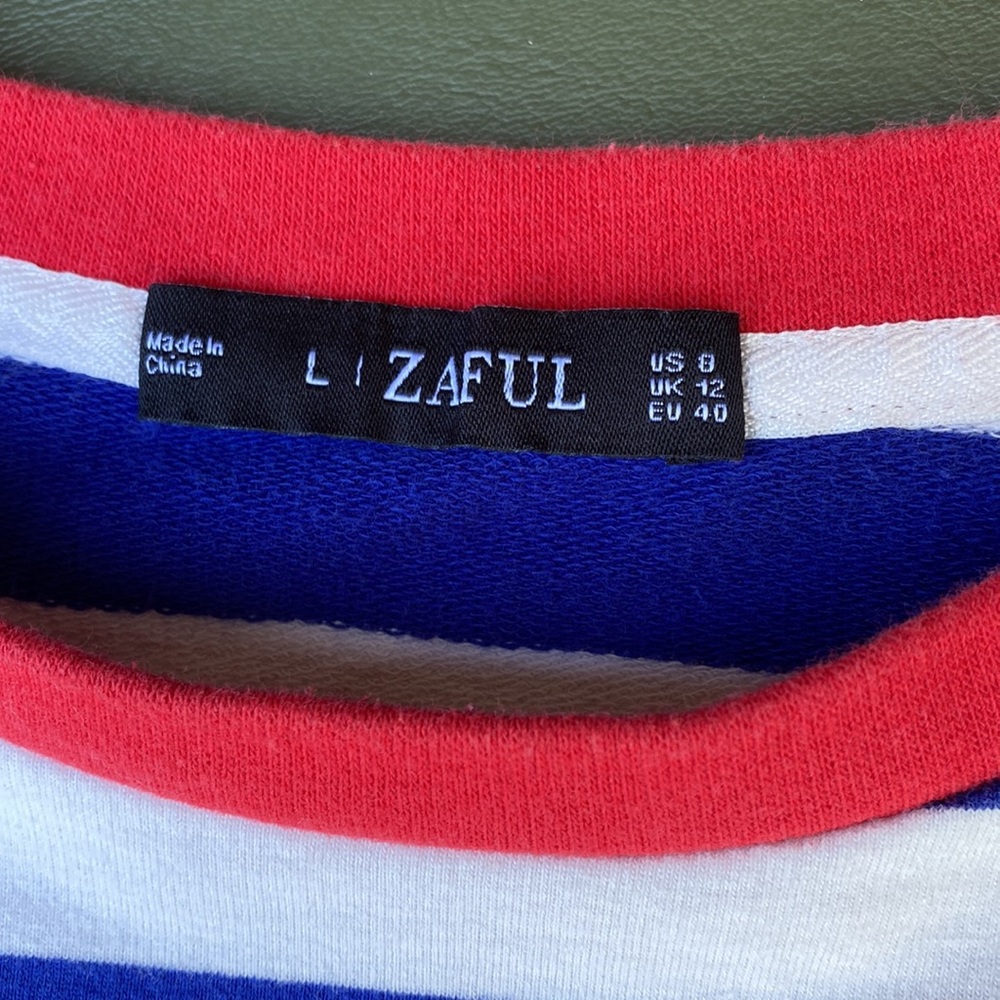 Zaful Blue & White Stripe Long Sleeve Tee Top Shirt Red Cuffs & Neckline Medium - Picture 7 of 8